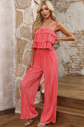 Layered Tie Shoulder Top and Wide Leg Pants Set OutfitFlow
